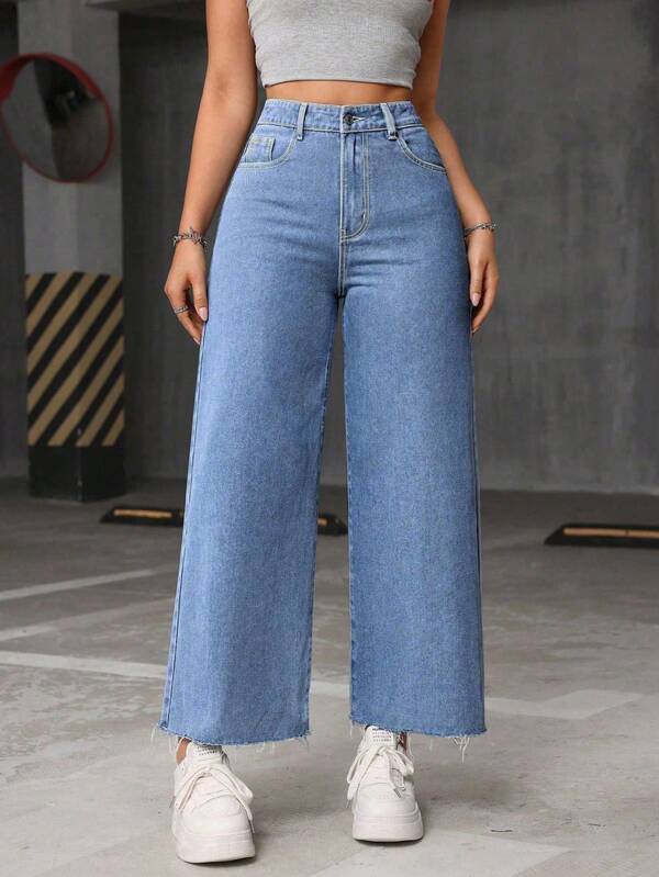 SHEIN ICON Plus Size Casual Versatile Washed Frayed Hem Baggy Jeans