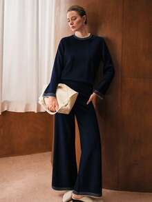 MOTF PREMIUM CHIC 2 PIECES KNIT SET: CONTRAST TRIM CREW NECK SWEATER AND WIDE LEG PANTS WITH CONTRAST HEM, AUTUMN/WINTER - Navy Blue - View 9