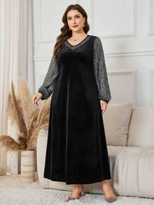 Lacomfia فستان طويل فضفاض من القطيفة المرصع بالترتر للنساء ذوات الحجم الكبير، خريف/شتاء