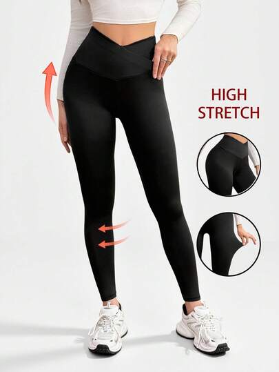 SHEIN Tall Women's Solid Hot Yoga Black V High Waist Leggings Black Leggings For Women, Thanksgiving For Women, Black Pants , Casual For Women, V-Shaped Slim Waist Yoga Pants Tight Sports Style, Black Pants