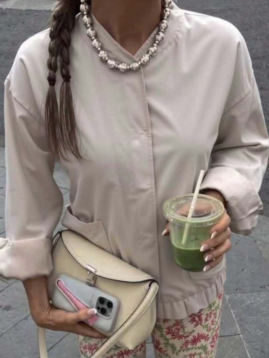 INAWLY 女士春秋季纯色宽松落肩长袖休闲夹克，带口袋，女士春秋季休闲串珠，仿珍珠，口袋落肩圆领超大米色纯色女士夹克，休闲日常穿着 - 米色 - 查看 1