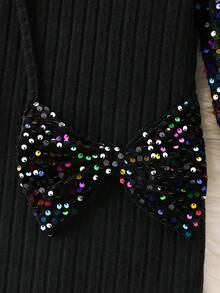 Girls' Black Ribbed Splice Beaded Fitted Dress - Black - View 6