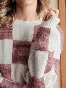 Uhlyne Uhlyne Christmas Wool Blend Sweater,Round Neck Long Sleeve Loose Fit Red&White Minimalist Elegant Casual Autumn Everyday High-End,Holiday Party Wear - Red and White - View 2