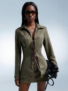 GENKIRA Bộ đồ 2 món thường ngày phong cách Pháp cổ điển, chân váy mini da lộn có dây rút - xanh quân đội - Xem 1