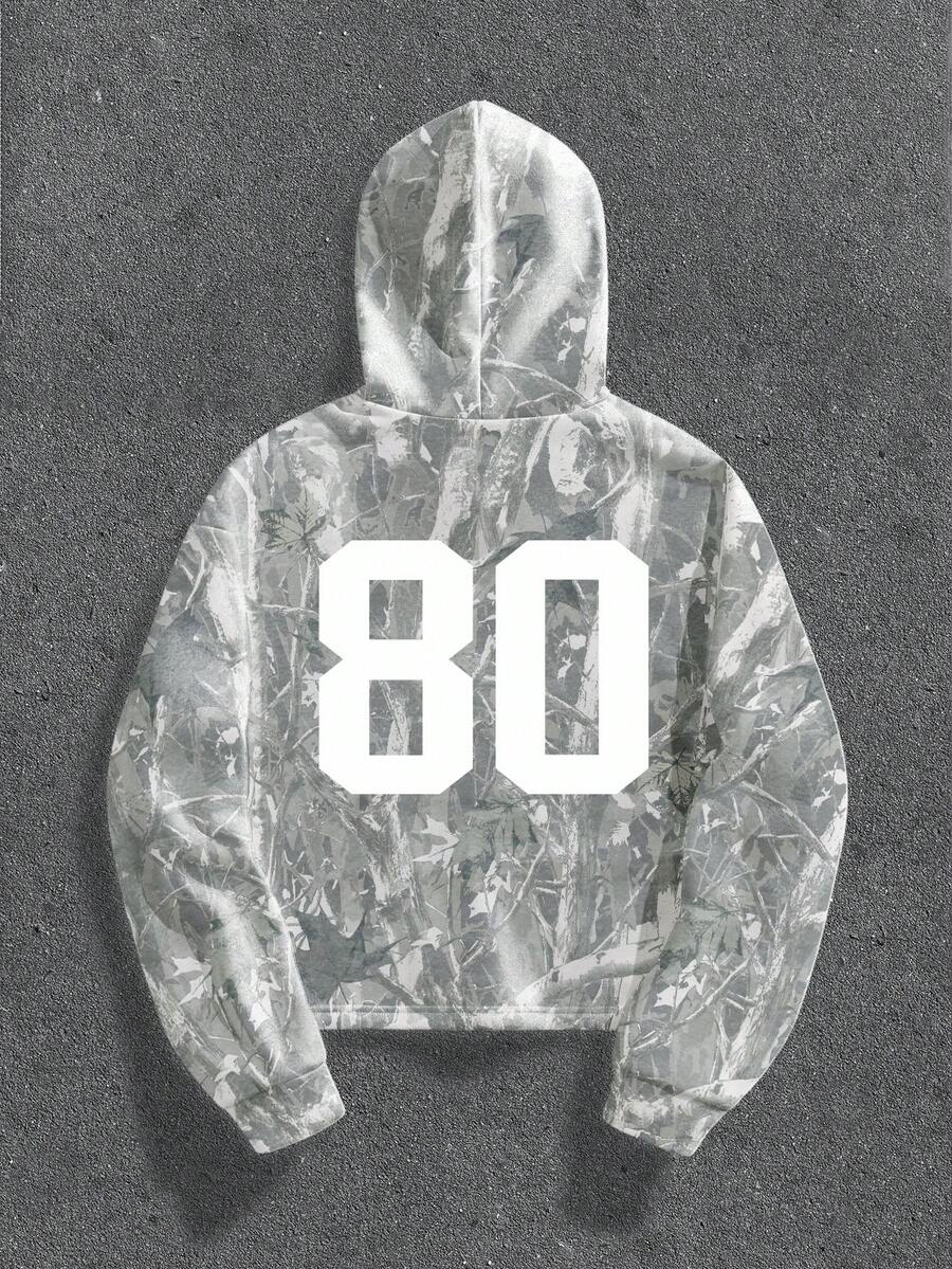 Manfinity ZONE917 ZONE917 Men Boxy Cropped Streetwear Dry Leaf Camouflage 80 Pattern Fleece Hoodie, Fall/Winter