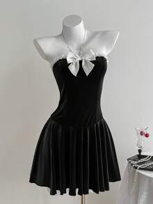 Elamini Bộ đồ hai mảnh váy ngắn chữ A hở lưng phối ren nơ nhung đen kèm áo khoác cardigan dệt kim ngắn hai mảnh, thời trang thu đông cho nữ, phong cách tối giản, đa năng, thanh lịch, cổ điển, trang phục thường ngày cho tiệc tùng - màu đen - Xem 3