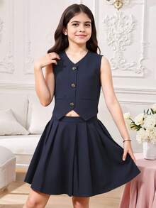 SHEIN Tween Girls Single Breasted Top And Pleated Skirt Elegant 2 Pieces Set - Navy Blue - View 4