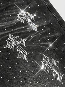 ROMWE MEN Street Life Shorts vaqueros casuales y versátiles con diamantes brillantes para hombres - Negro - Ver 4