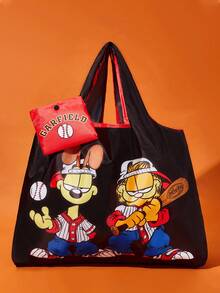 GARFIELD | SHEIN 1 个可爱卡通人物印花涤纶可折叠购物袋、手提袋，配有带珠链的小储物袋，可挂在包上，猫、狗、棒球 - 黑色 - 查看 3