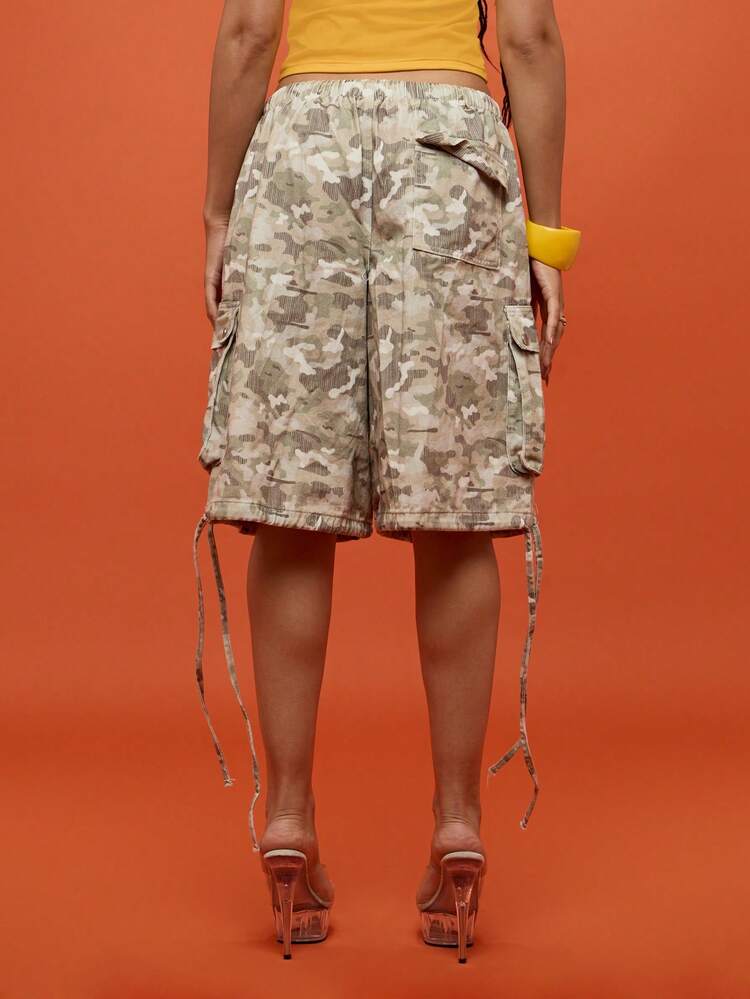 Denim Cargo Shorts With Camouflage Print