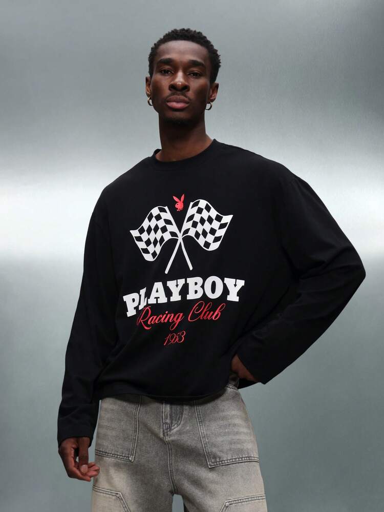 PLAYBOY X SUMWON Koszulka z długim rękawem i nadrukiem flagi wyścigowej oraz logo w stylu vintage, idealna na weekendowy, swobodny styl