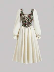 SHEIN MOD Vestido corto de encaje con escote de corazón, cintura con lazo frontal y mangas abullonadas para dama - Multicolor - Ver 1