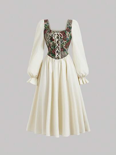 SHEIN MOD 女式短款系带提花连衣裙，圆领，前系带腰部和泡泡袖