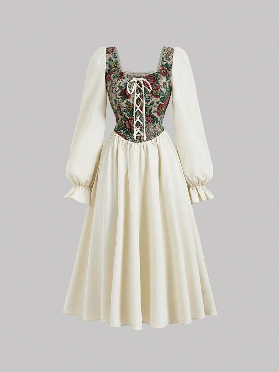 SHEIN MOD Vestido corto de encaje con escote de corazón, cintura con lazo frontal y mangas abullonadas para dama - Multicolor - Ver 1