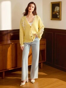 Vintamour 女士花卉撞色开衫毛衣，适合秋冬季、圣诞节、新年和感恩节穿着。 - 黃色 - 查看 5