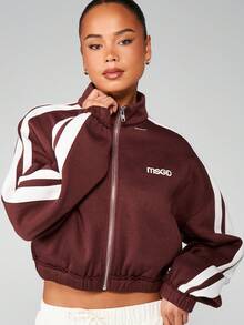 MISSGUIDED MSGD 全拉链运动衫，白色侧条纹撞色细节休闲街头短款运动上衣 - 棕色 - 查看 4