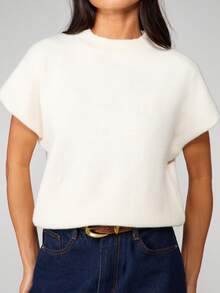 MISSGUIDED Cream Short Sleeve Knitted Sweater Round Neck Casual Top For Spring Summer - Apricot - View 4