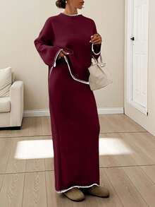 EURMUSE Women Stitch Detailed Round Neck Drop Shoulder Pullover & Sweater Skirt Set - Burgundy - View 5