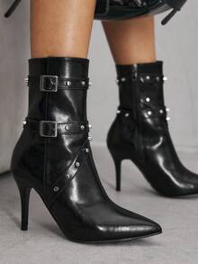CUCCOO SZL Women's Pointed Toe Stiletto Buckle Sexy Elegant Fashion Mid-Calf Boots - Black - View 10