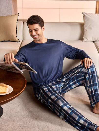 Manfinity Underwear&Sleepwear Basics Plus Size Blue Plaid Long Sleeve Top And Pants Pajama Set