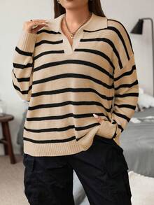 Sunspun Plus Size Women Casual Striped V-Neck Loose Pullover Sweater, Suitable For Daily Commute, Autumn/Winter - Apricot - View 5