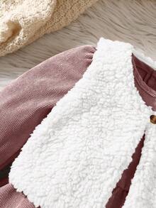 SHEIN Vintaside Kids 2件組女嬰可愛灰粉色燈芯絨泡泡袖洋裝與毛茸茸背心外套，秋季鄉村風加厚保暖親子套裝 - 藕粉色 - 查看 3