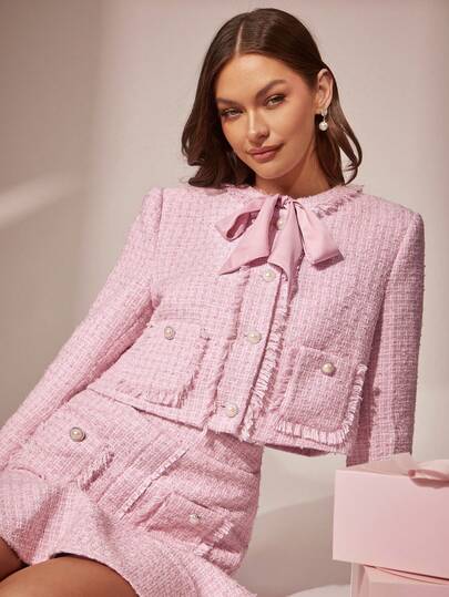 Enchnt Fall/Winter Romantic Women's Pink Pink Fancy Yarn Fringed Tweed Exquisite Pearl Buttons Decor Bowknot Tie Long Sleeves Princess Jacket,Chic & Elegant & Fashionable For Party & Date & Holiday & Graduation & Going Out & Halloween & Christmas,Autumn,New Years