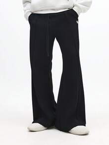 SUMWON 高级纹理宽松喇叭裤，褶裥设计，抽绳腰带，休闲舒适纯色运动裤 - 黑色 - 查看 1