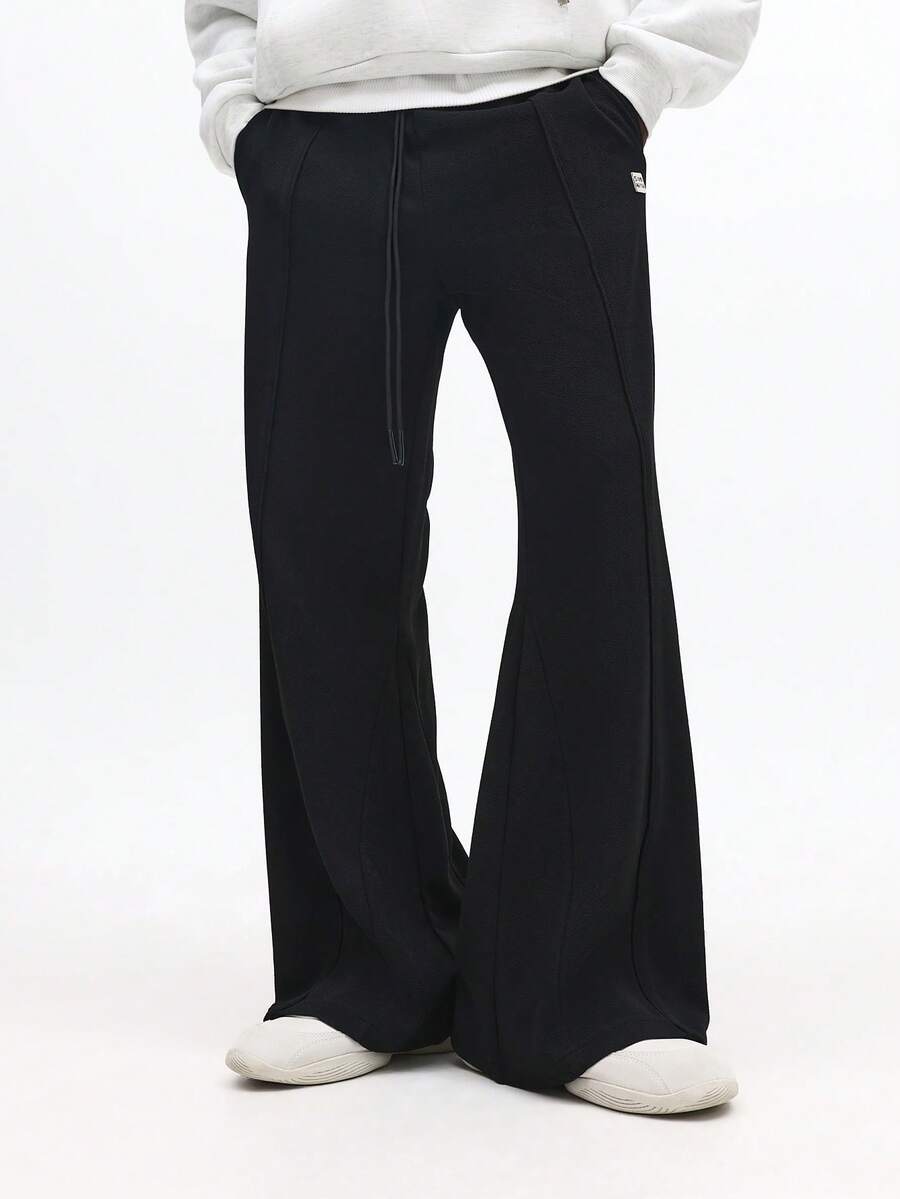 SUMWON 高级纹理宽松喇叭裤，褶裥设计，抽绳腰带，休闲舒适纯色运动裤 - 黑色 - 查看 1