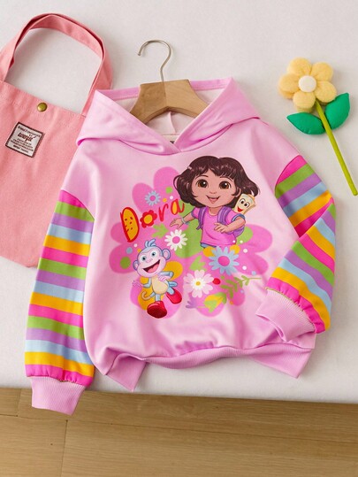 DORA | SHEIN sweat-shirt à capuche ample avec imprimé floral mignon de Dora et de singe pour jeunes filles, avec blocs de couleurs contrastées rayées arc-en-ciel, automne/hiver