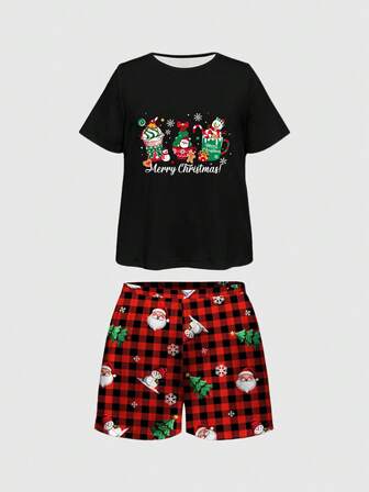 Conjunto de pijama de pantalón corto y camisa de manga corta con estampado todo sobre de Papá Noel, árbol de Navidad y copos de nieve a cuadros, ropa de dormir casual de talla grande