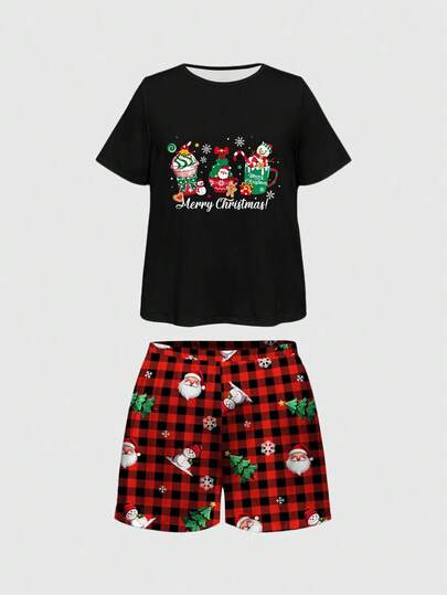 Ensemble de pyjama court à imprimé tout-sur-tout avec motifs de Père Noël, sapin de Noël et flocons de neige en tartan. Shorts décontractés grande taille