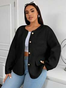 Flirla Plus Size Women Plain Color Long Sleeve Single Breasted Casual Loose Jacket For Autumn, For Winter Fall Cloth For Women - Black - View 5