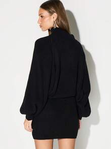 KIZN 高领长袖粗针织毛衣连衣裙迷你长款冬季秋季舒适套头衫 - 黑色 - 查看 2