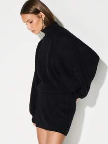 KIZN 高领长袖粗针织毛衣连衣裙迷你长款冬季秋季舒适套头衫 - 黑色 - 查看 4