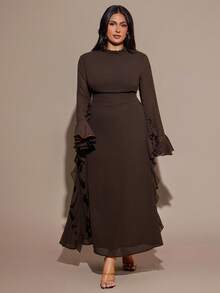 SHEIN BAE 大码女式棕色长袖雪纺荷叶边喇叭袖长裙 - 棕色 - 查看 1