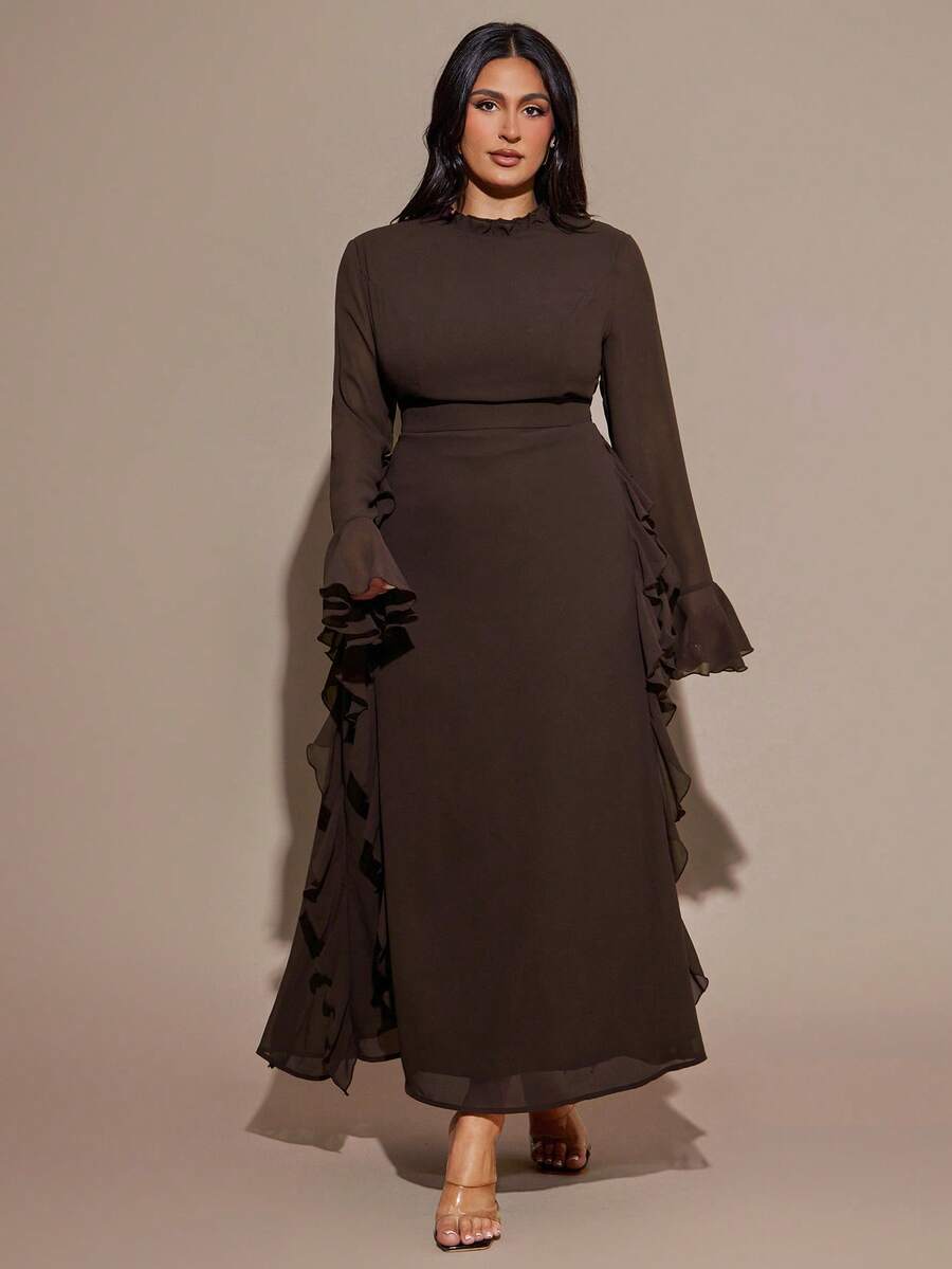 SHEIN BAE 大码女式棕色长袖雪纺荷叶边喇叭袖长裙 - 棕色 - 查看 1