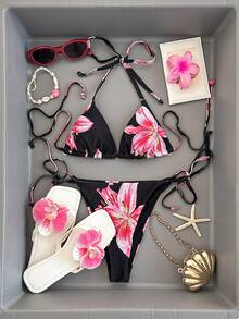 Swim Glamine 女士花卉豹纹性感系带比基尼套装，适合夏季海滩度假 - 彩色 - 查看 7