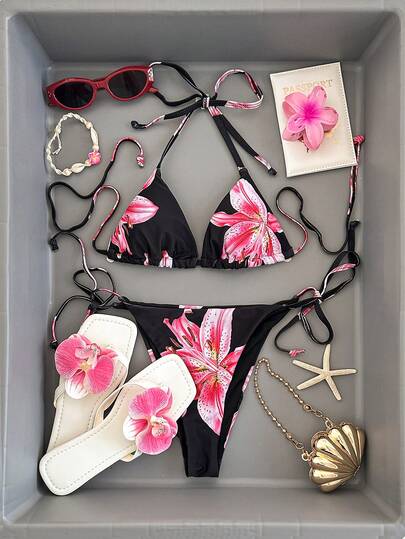 SHEIN Swim Women's Floral & Leopard Print Sexy Tie-Up Bikini Set, For Summer Beach Vacation Festival