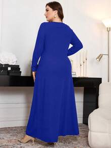 Modelyn Plus Size Ribbed Bowknot Decor A-Line Long Sleeve Casual Dress Suitable For Spring And Autumn Maxi Women Outfit Long Evening Dresses - Blue - View 2
