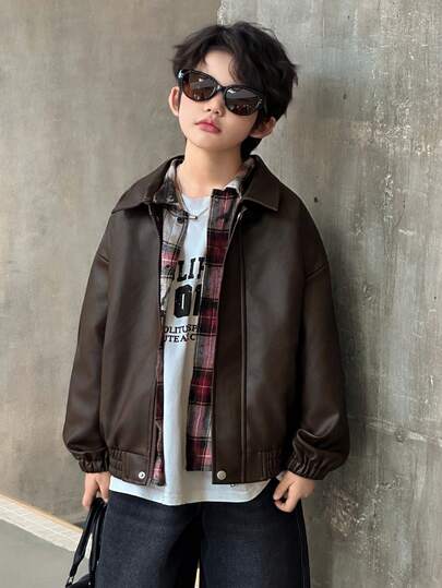 DAZY Tween Boy Solid Color Drop Shoulder Long Sleeve Zip-Up Loose PU Leather Jacket, Autumn