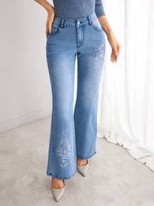 Elenzga 女式刺绣塑形口袋喇叭牛仔裤 - 藍色 - 查看 9