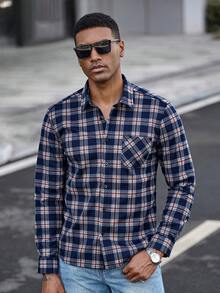 Manfinity CasualCool Men's Plaid Print Button Front Pocket Long Sleeve Shirt Flannels For Men Men Shirts Plaid Checkered Shirt Men Men Casual Long Sleeve Shirts Men Street Wear Shirt