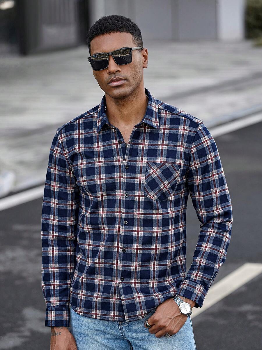 Manfinity CasualCool Men's Plaid Print Button Front Pocket Long Sleeve Shirt Flannels For Men Men Shirts Plaid Checkered Shirt Men Men Casual Long Sleeve Shirts Men Street Wear Shirt