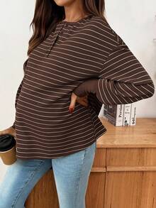 SHEIN Maternity Striped Button Half-Placket Drop Shoulder Long Sleeve Casual T-Shirt Brown Blouses For Women Coffee Brown Top Modest Tops For Women Dark Brown Top Brown Long Sleeve Top