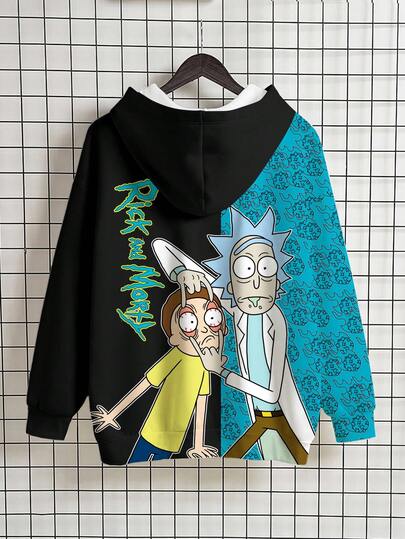 Rick and Morty X SHEIN 男士休闲拼色卡通肖像连帽衫，秋季