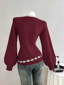 Elamini Áo len tay loe cổ chữ V trơn màu thường ngày cho nữ, mùa thu/đông - Đỏ - Xem 2