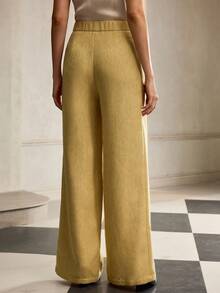ZEYLAH Pantalones anchos con bolsillo bordado con flores elegantes y de moda para mujeres - Amarillo - Ver 3
