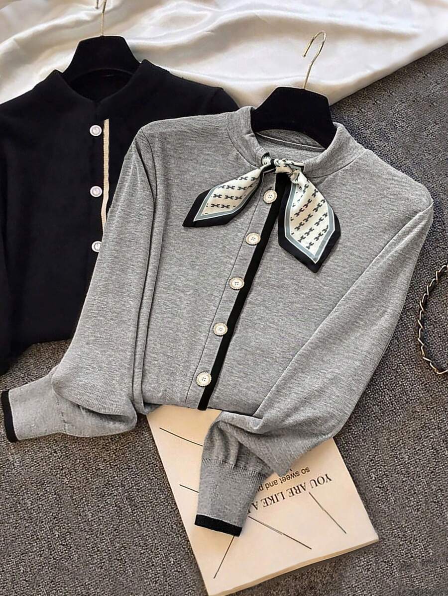 GlowEve 优雅法式时尚长袖针织开衫 - 灰色 - 查看 1