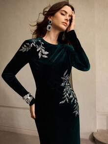 ZEYLAH Đầm Maxi thêu hạt cườm thanh lịch cổ tròn tay dài cho nữ, mùa thu/đông - Màu xanh lá cây đậm - Xem 9